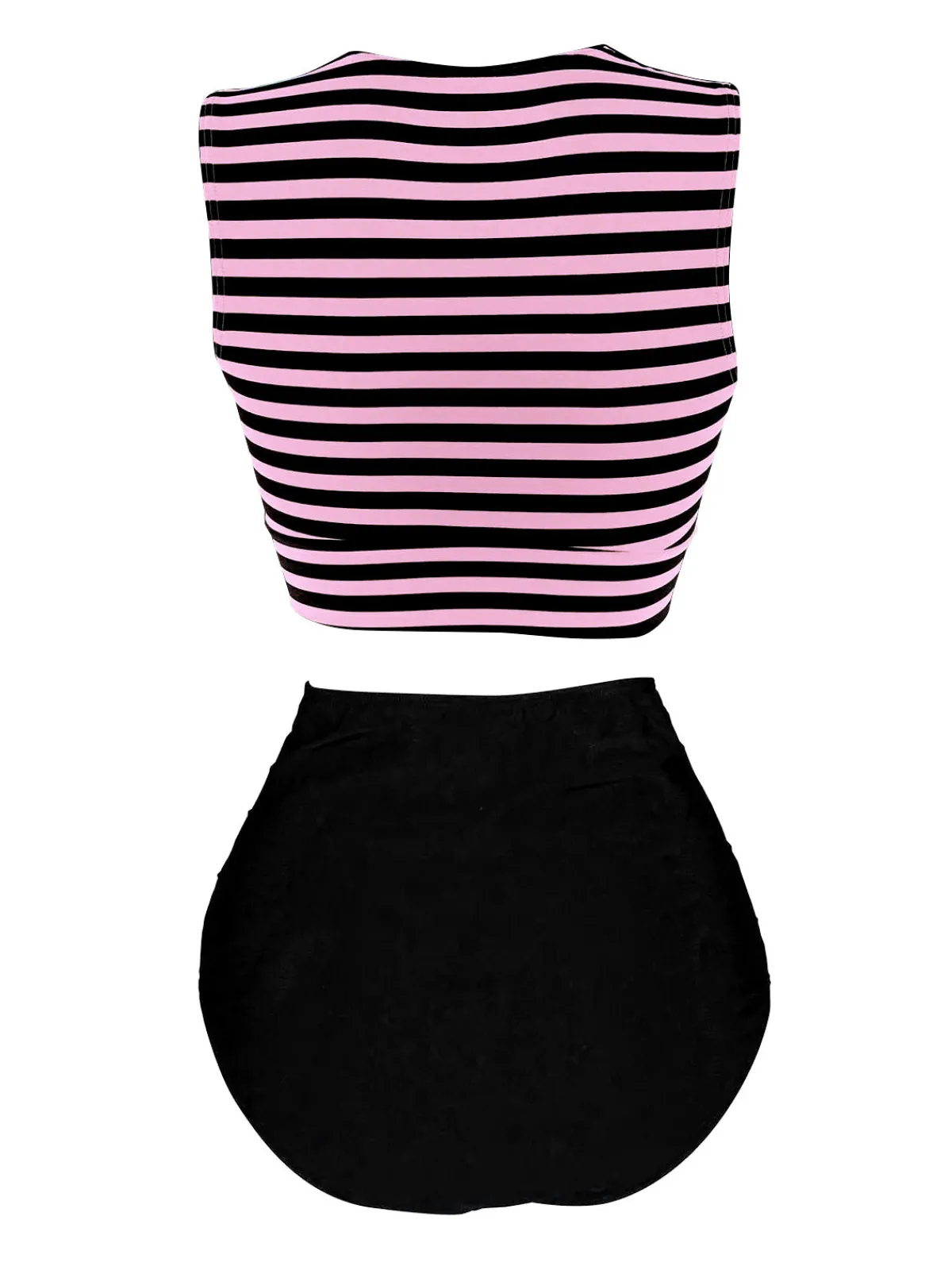 Online Retro Stage Pink 1970s Striped Waist Tie Patchwork Swimsuit
