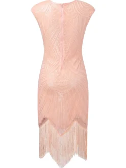 Online Retro Stage 1920s Tassel Cap Sleeves Sequined Dress Pink