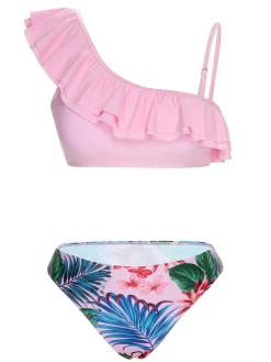 Hot Retro Stage 1960s Tropical Plants Ruffles Swimsuit Pink