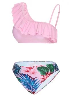 Hot Retro Stage 1960s Tropical Plants Ruffles Swimsuit Pink