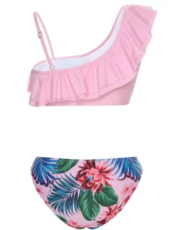 Hot Retro Stage 1960s Tropical Plants Ruffles Swimsuit Pink