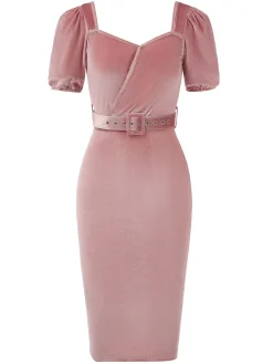 Best Retro Stage 1960s Velvet Puff Sleeve Belted Dress Pink