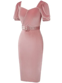 Best Retro Stage 1960s Velvet Puff Sleeve Belted Dress Pink
