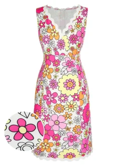 Sale Retro Stage 1960s V-Neck Cartoon Flowers Pencil Dress Pink