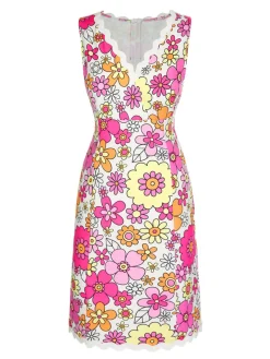 Sale Retro Stage 1960s V-Neck Cartoon Flowers Pencil Dress Pink