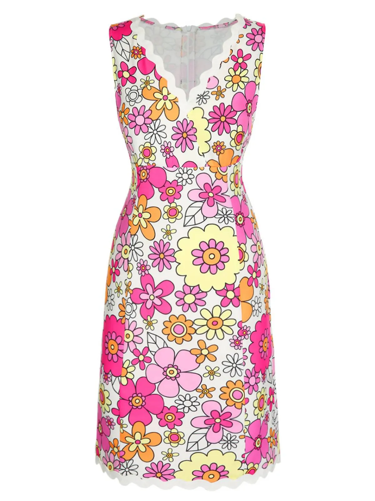 Sale Retro Stage 1960s V-Neck Cartoon Flowers Pencil Dress Pink
