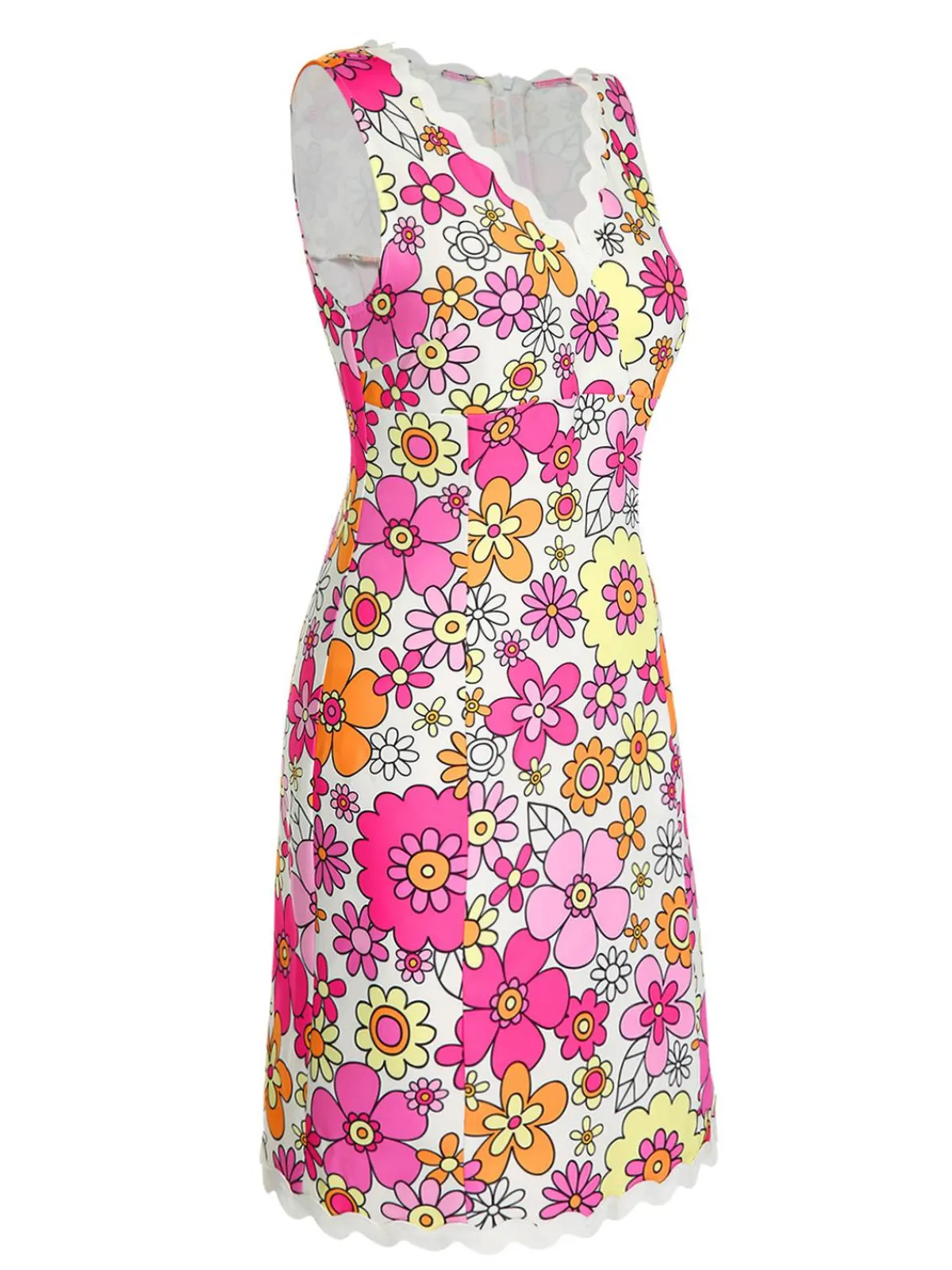 Sale Retro Stage 1960s V-Neck Cartoon Flowers Pencil Dress Pink