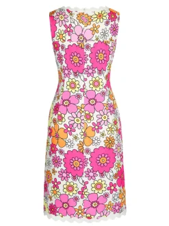 Sale Retro Stage 1960s V-Neck Cartoon Flowers Pencil Dress Pink