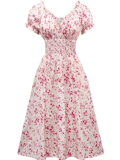 Best Retro Stage 1940s V-Neck Floral Puff Sleeve Dress Pink
