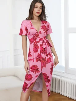 Sale Retro Stage 1960s V-Neck Floral Tie Split Dress Pink