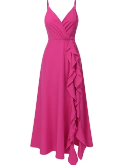 Best Retro Stage 1930s V-Neck Ruffled Irregular Slit Dress Pink