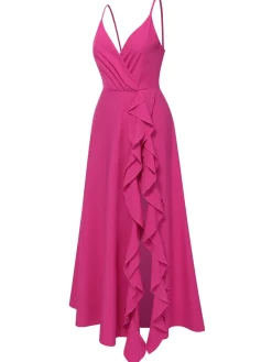 Best Retro Stage 1930s V-Neck Ruffled Irregular Slit Dress Pink