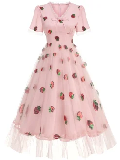 New Retro Stage 1950s V-Neck Strawberry Mesh Swing Dress Pink
