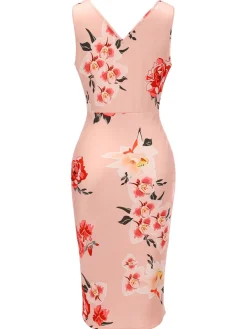 Hot Retro Stage 1960s V-neck Wrap Floral Pencil Dress Pink