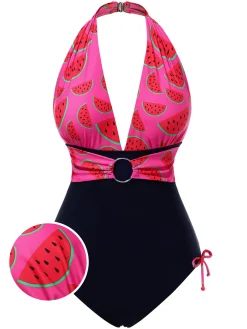 Sale Retro Stage 1960s Watermelon Deep V Halter Swimsuit Pink