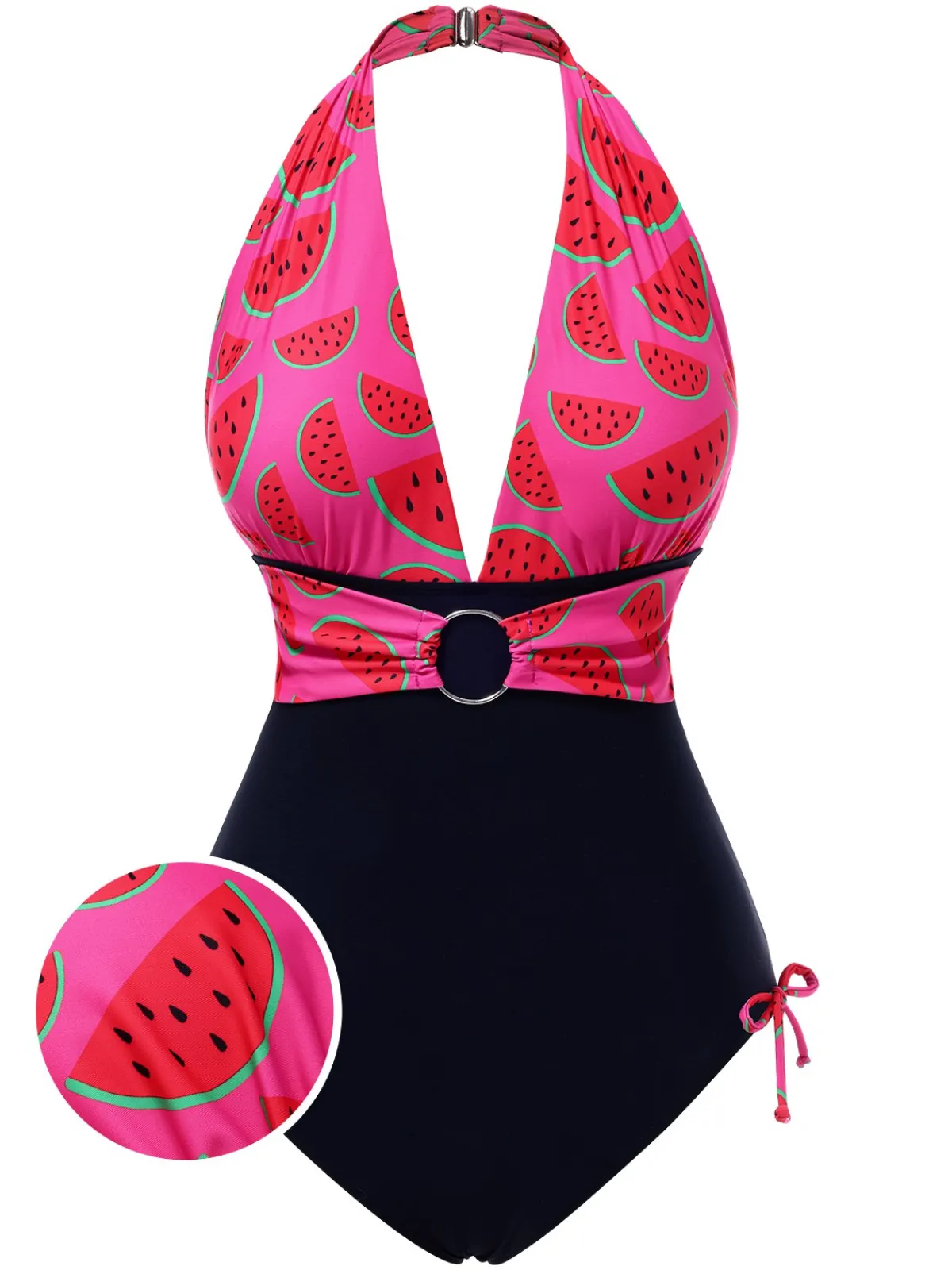 Sale Retro Stage 1960s Watermelon Deep V Halter Swimsuit Pink