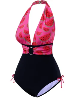Sale Retro Stage 1960s Watermelon Deep V Halter Swimsuit Pink