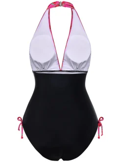 Sale Retro Stage 1960s Watermelon Deep V Halter Swimsuit Pink