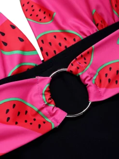 Sale Retro Stage 1960s Watermelon Deep V Halter Swimsuit Pink