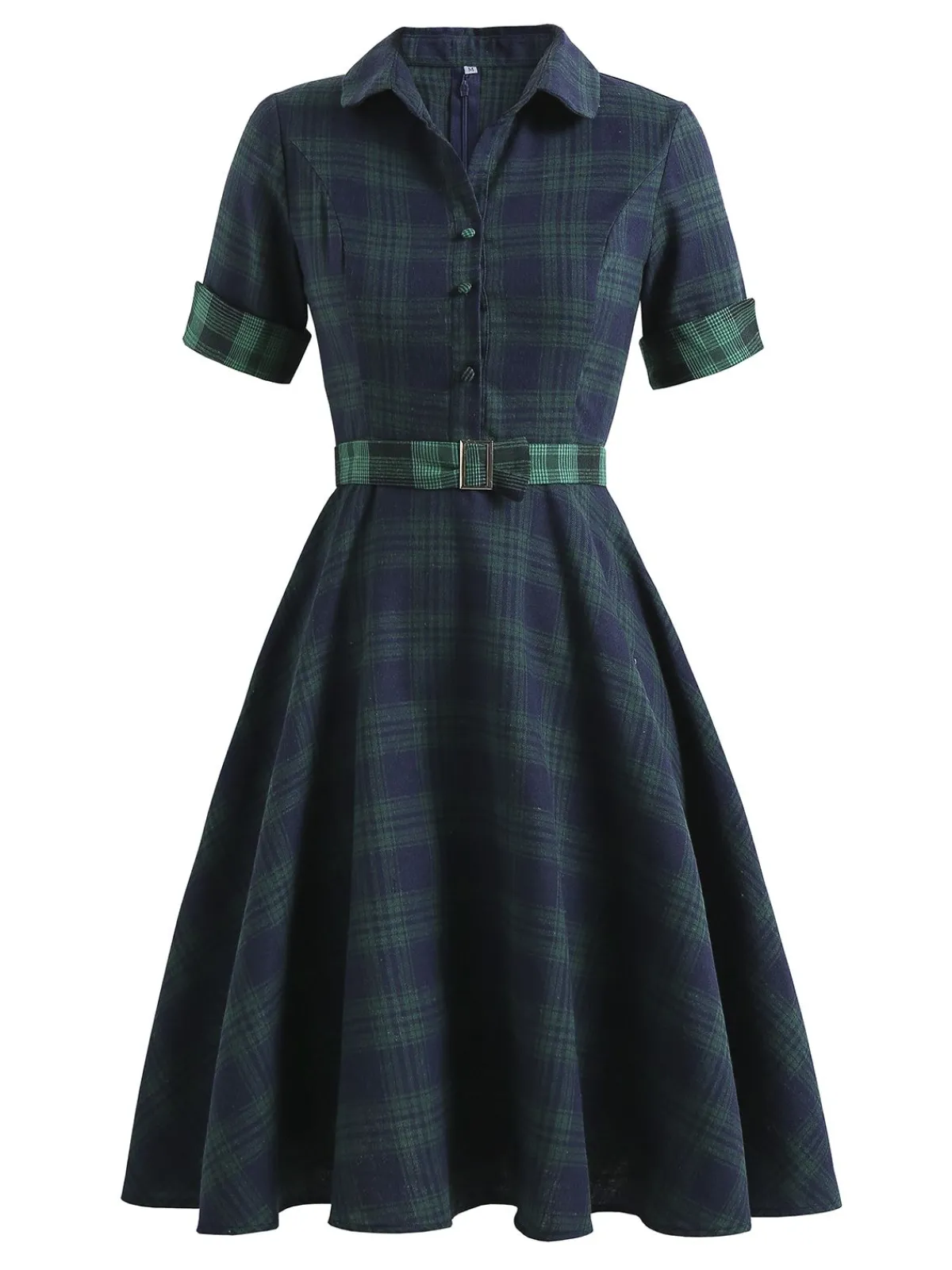 Fashion Retro Stage Plaids 1950s Buttoned Belted Swing Dress