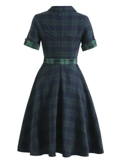 Fashion Retro Stage Plaids 1950s Buttoned Belted Swing Dress
