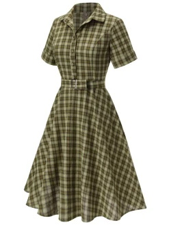 Fashion Retro Stage Plaids 1950s Buttoned Belted Swing Dress
