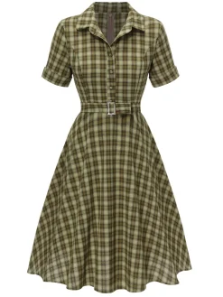 Fashion Retro Stage Plaids 1950s Buttoned Belted Swing Dress