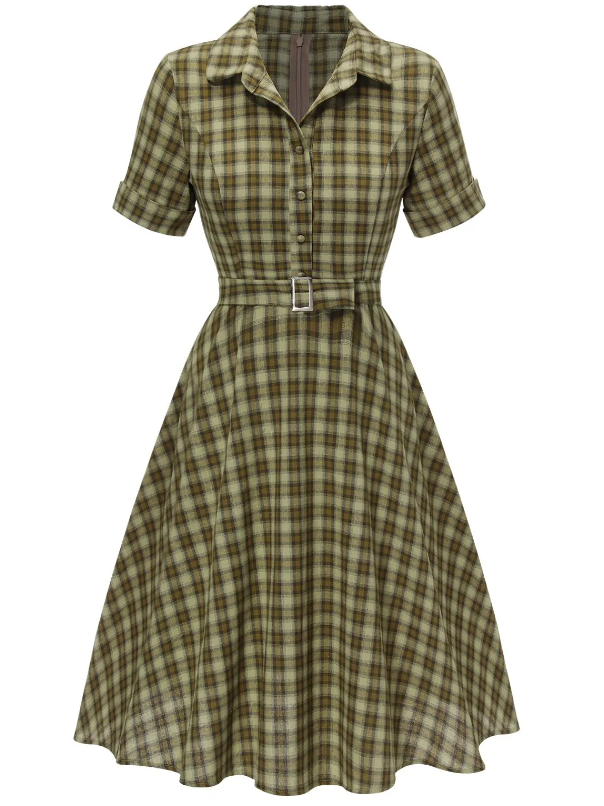 Fashion Retro Stage Plaids 1950s Buttoned Belted Swing Dress