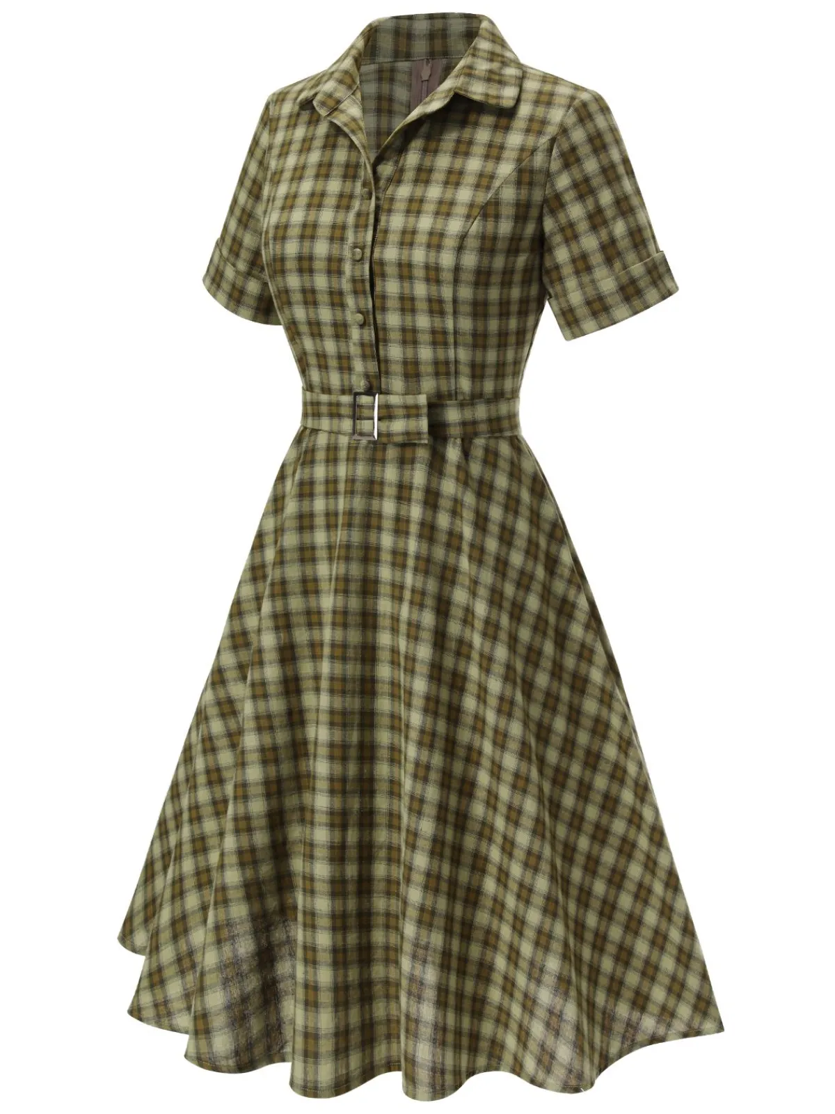 Outlet Retro Stage Plaids 1950s Buttoned Belted Swing Dress