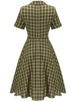 Outlet Retro Stage Plaids 1950s Buttoned Belted Swing Dress