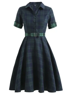 Outlet Retro Stage Plaids 1950s Buttoned Belted Swing Dress