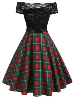 New Retro Stage 1950s Lace Patchwork Swing Dress Plaids
