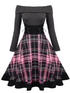 Best Retro Stage Plaids 1950s Off Shoulder Knitted Dress Pink