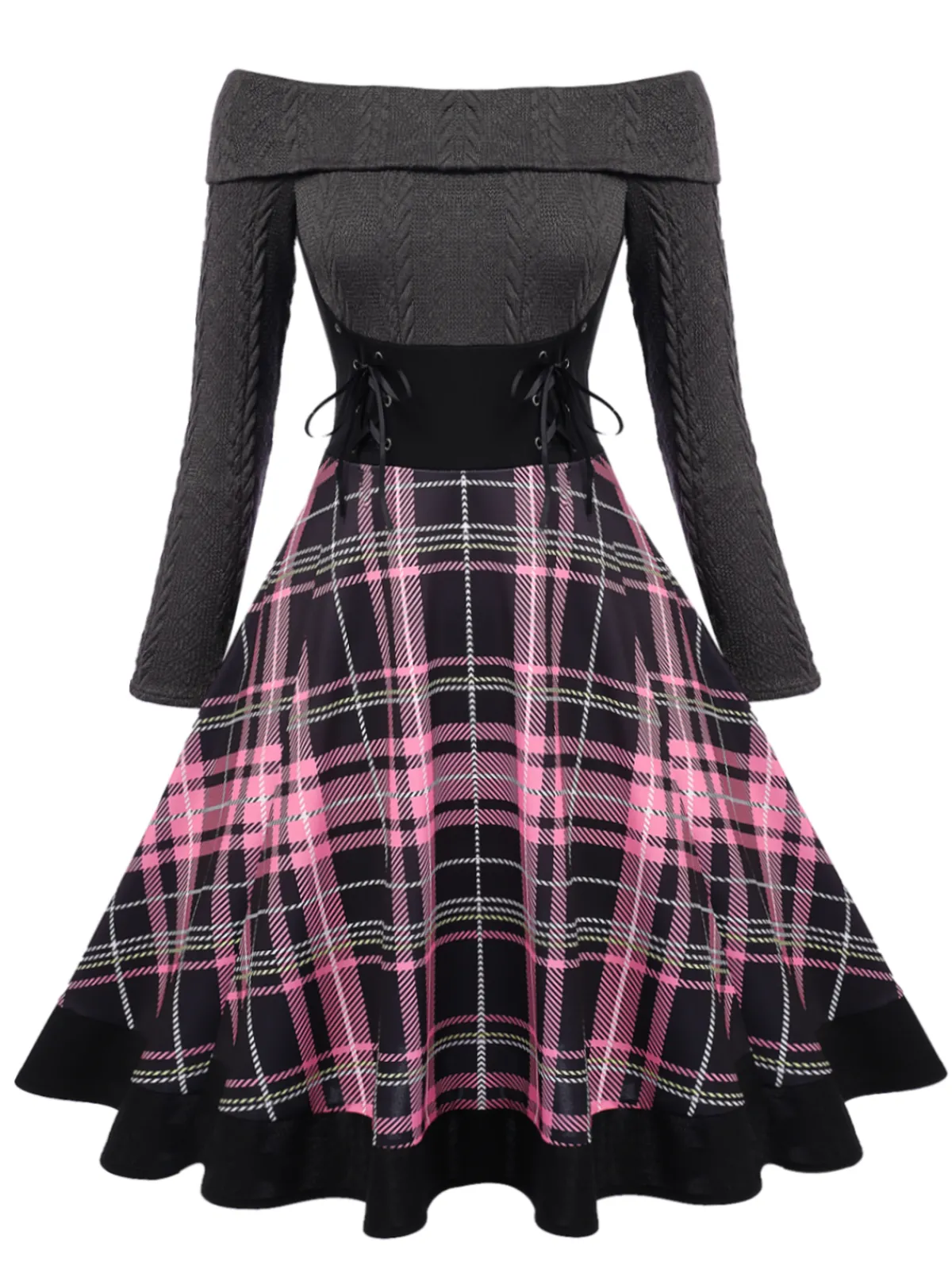 Best Retro Stage Plaids 1950s Off Shoulder Knitted Dress Pink