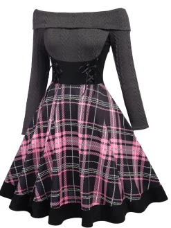 Best Retro Stage Plaids 1950s Off Shoulder Knitted Dress Pink