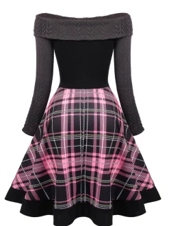 Best Retro Stage Plaids 1950s Off Shoulder Knitted Dress Pink