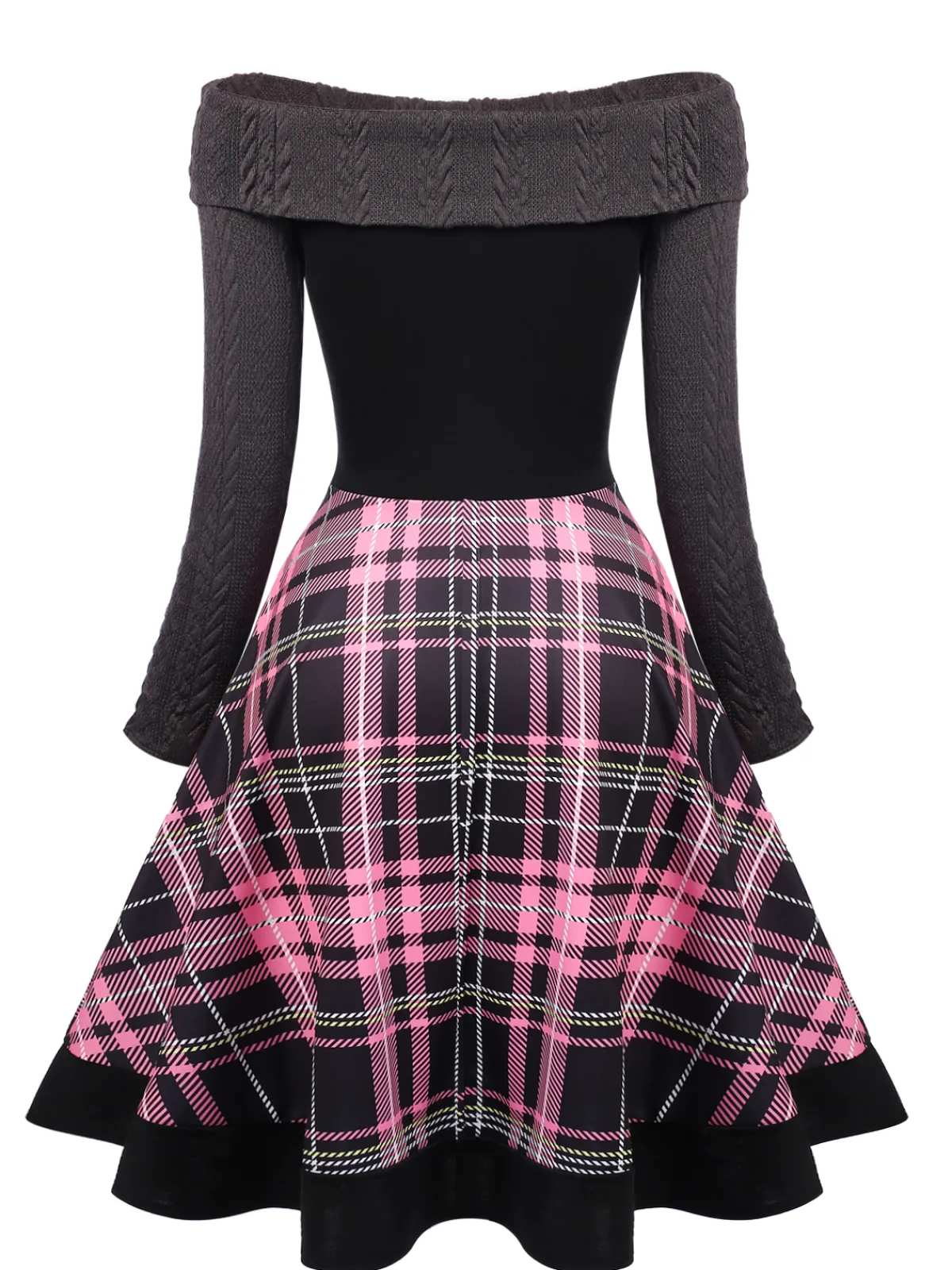 Best Retro Stage Plaids 1950s Off Shoulder Knitted Dress Pink