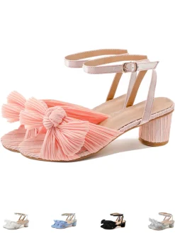 Discount Retro Stage Pleated Chiffon Bowknot Chunky Heels Sandals