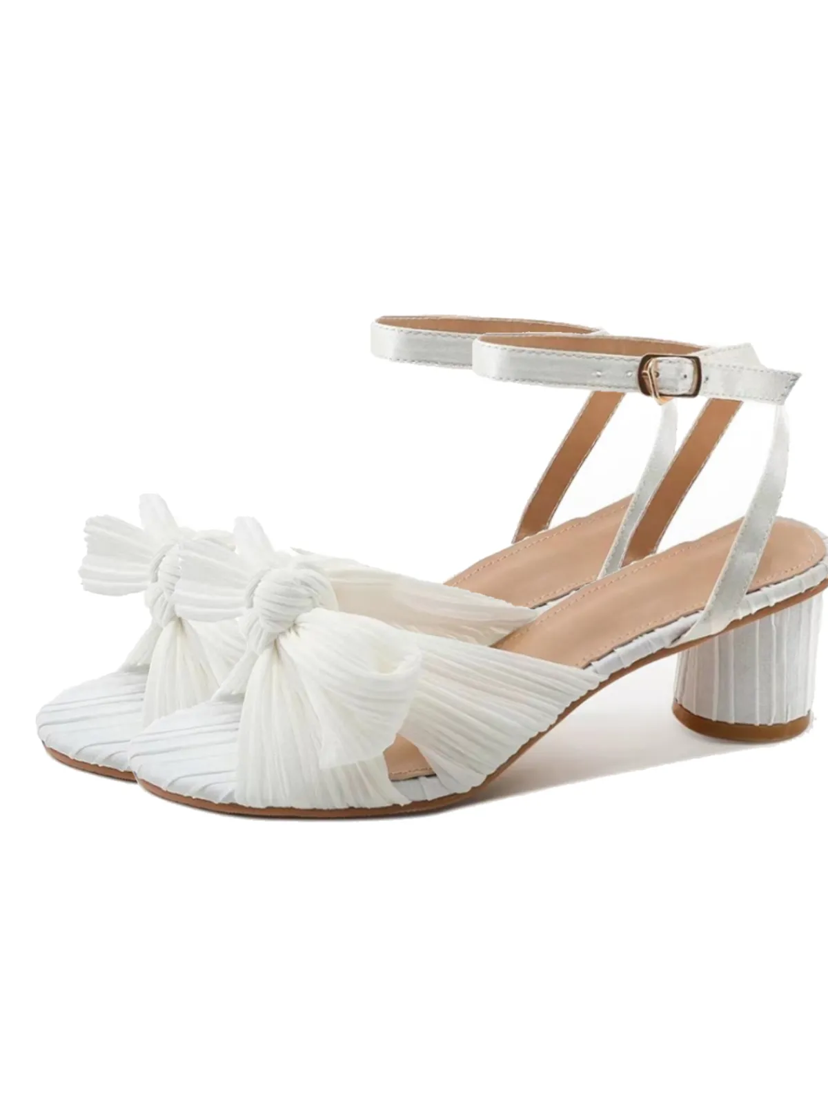 Discount Retro Stage Pleated Chiffon Bowknot Chunky Heels Sandals