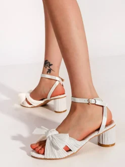 Discount Retro Stage Pleated Chiffon Bowknot Chunky Heels Sandals
