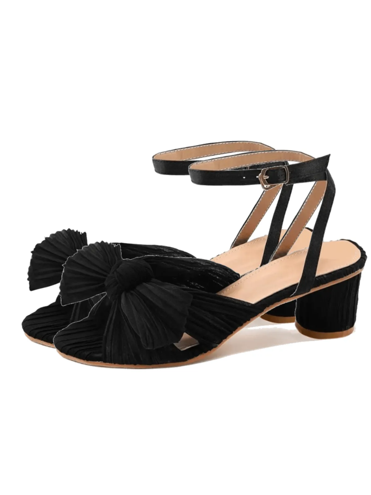 Discount Retro Stage Pleated Chiffon Bowknot Chunky Heels Sandals
