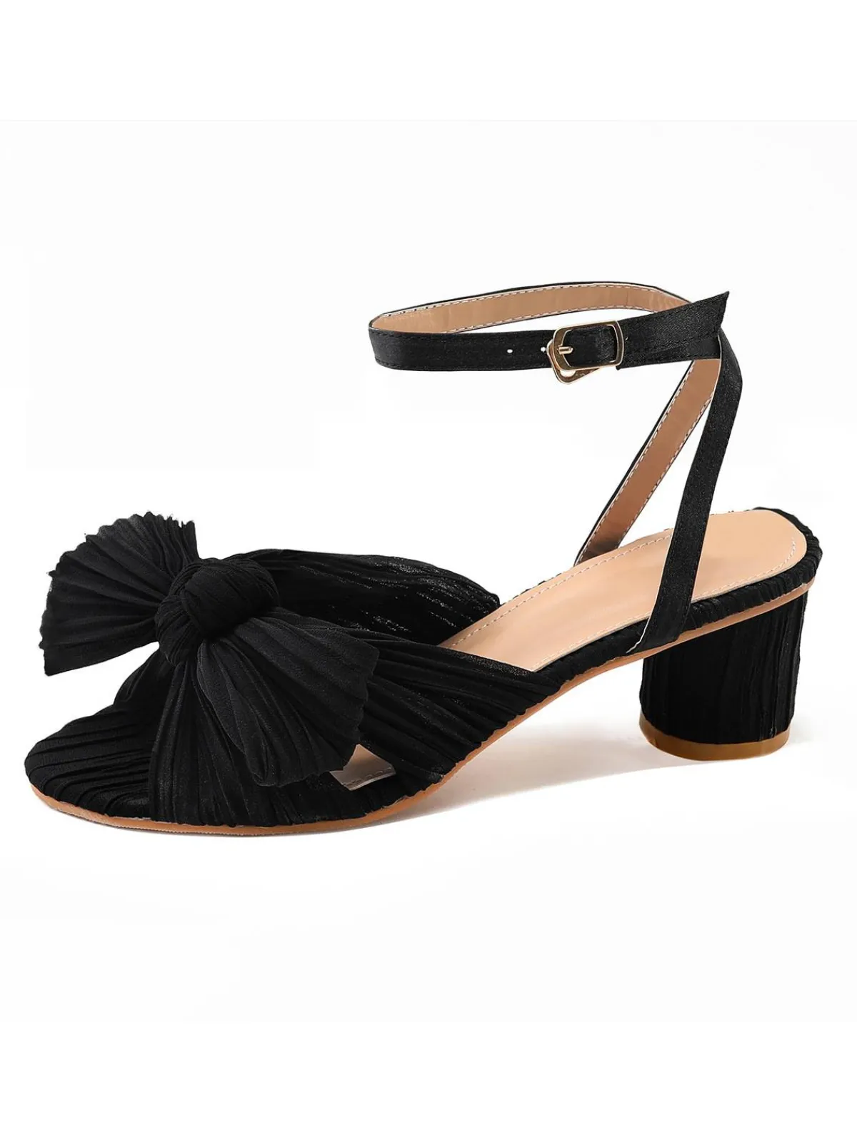 Discount Retro Stage Pleated Chiffon Bowknot Chunky Heels Sandals