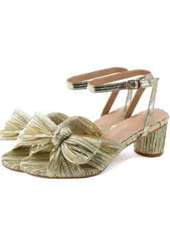 Discount Retro Stage Pleated Chiffon Bowknot Chunky Heels Sandals