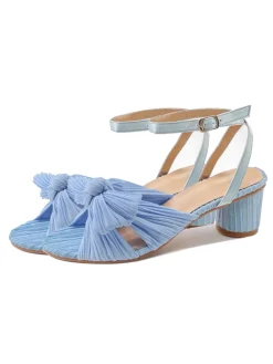 Discount Retro Stage Pleated Chiffon Bowknot Chunky Heels Sandals