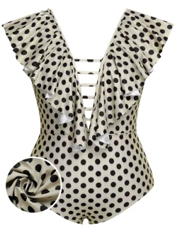 Best Retro Stage [Plus Size] 1960s Polka Dot Ruffles One-Piece Swimsuit Beige