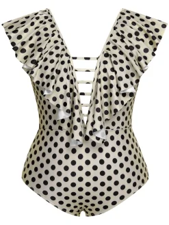 Best Retro Stage [Plus Size] 1960s Polka Dot Ruffles One-Piece Swimsuit Beige