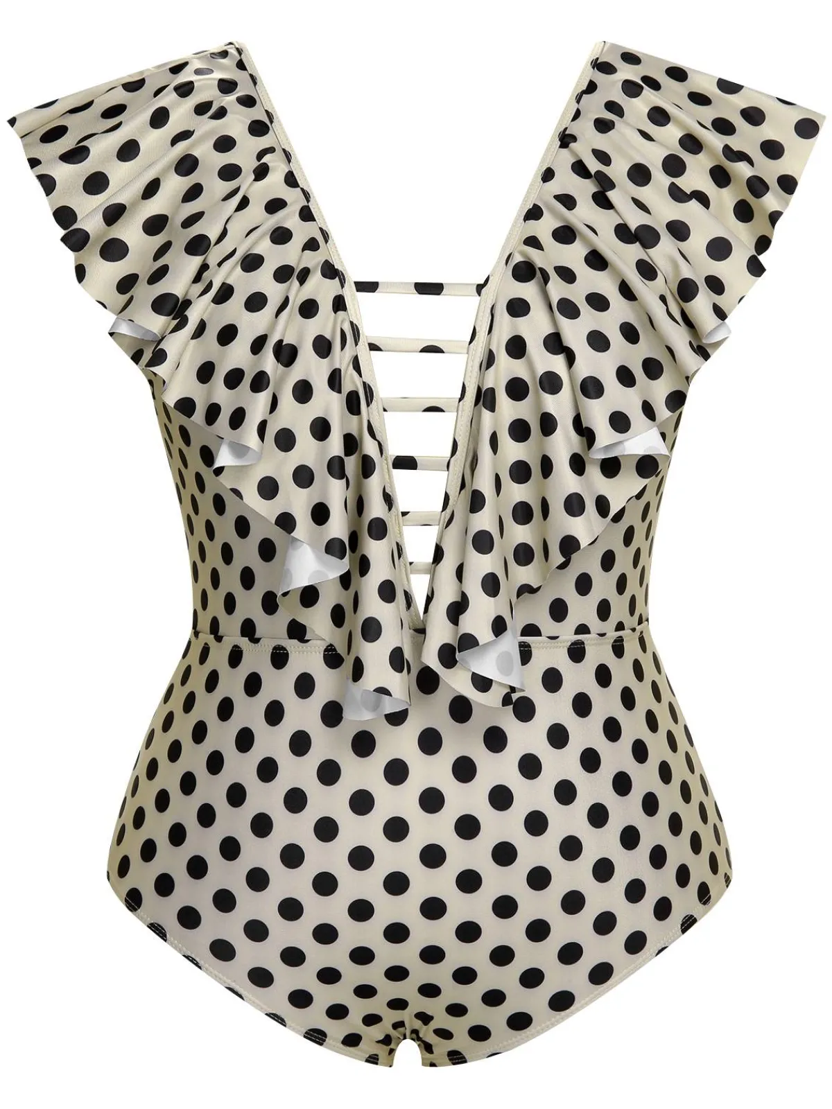 Best Retro Stage [Plus Size] 1960s Polka Dot Ruffles One-Piece Swimsuit Beige