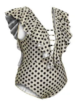 Best Retro Stage [Plus Size] 1960s Polka Dot Ruffles One-Piece Swimsuit Beige