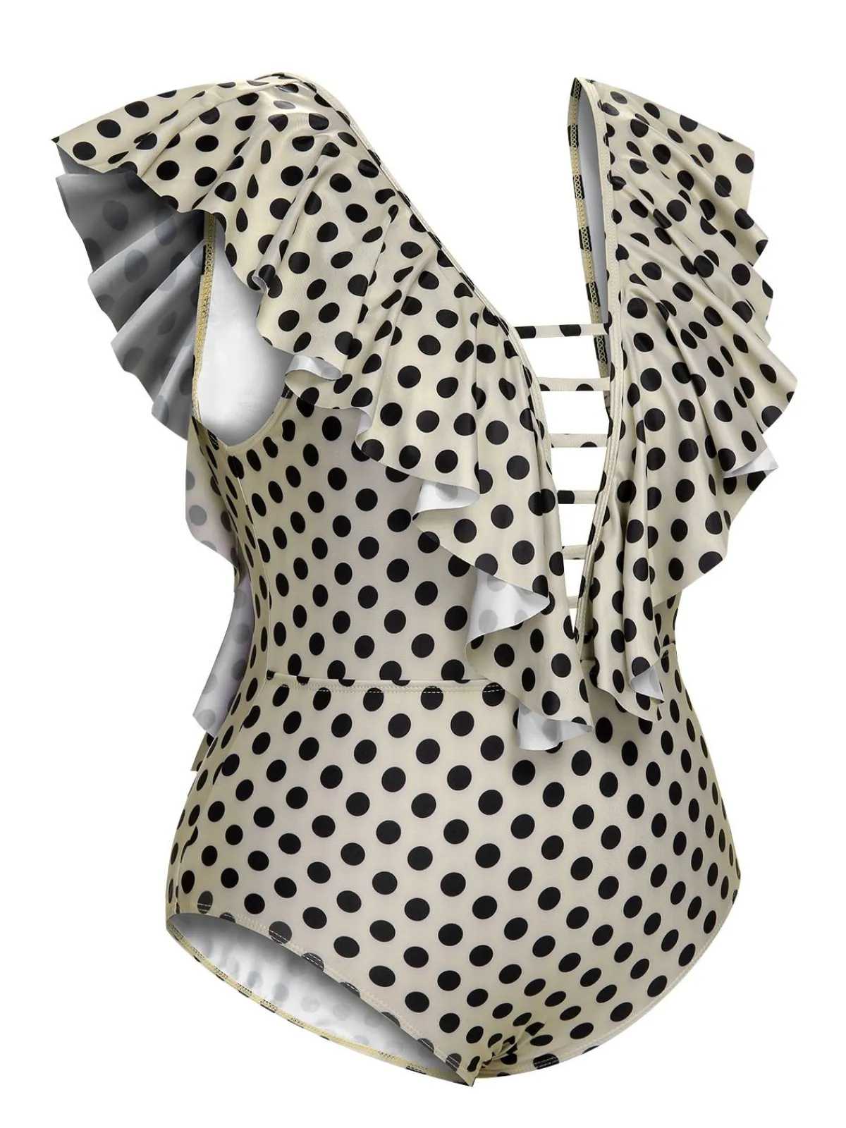 Best Retro Stage [Plus Size] 1960s Polka Dot Ruffles One-Piece Swimsuit Beige