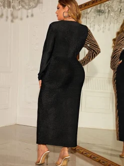 Best Retro Stage [Plus Size] & Gold 1960s V-Neck Sequined Patchwork Dress Black